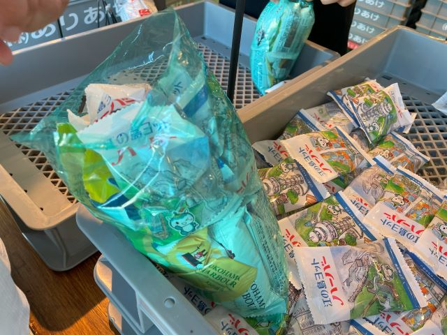 ありあけハーバー詰め放題で、大きめサイズの緑色の専用袋に詰めた様子