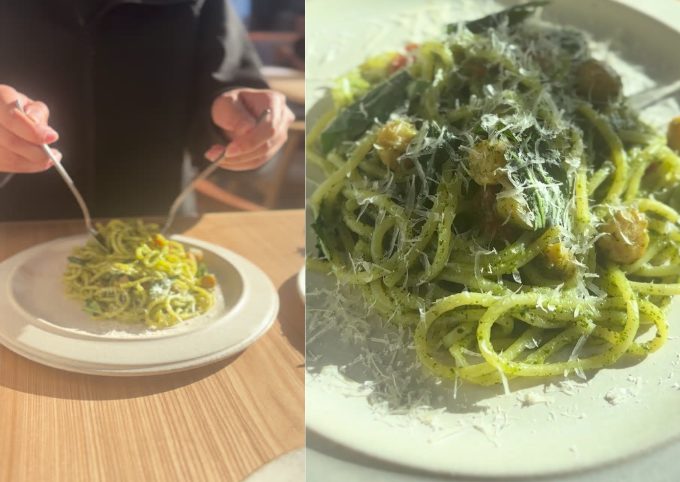 小柱とトマトのジェノベーゼパスタ